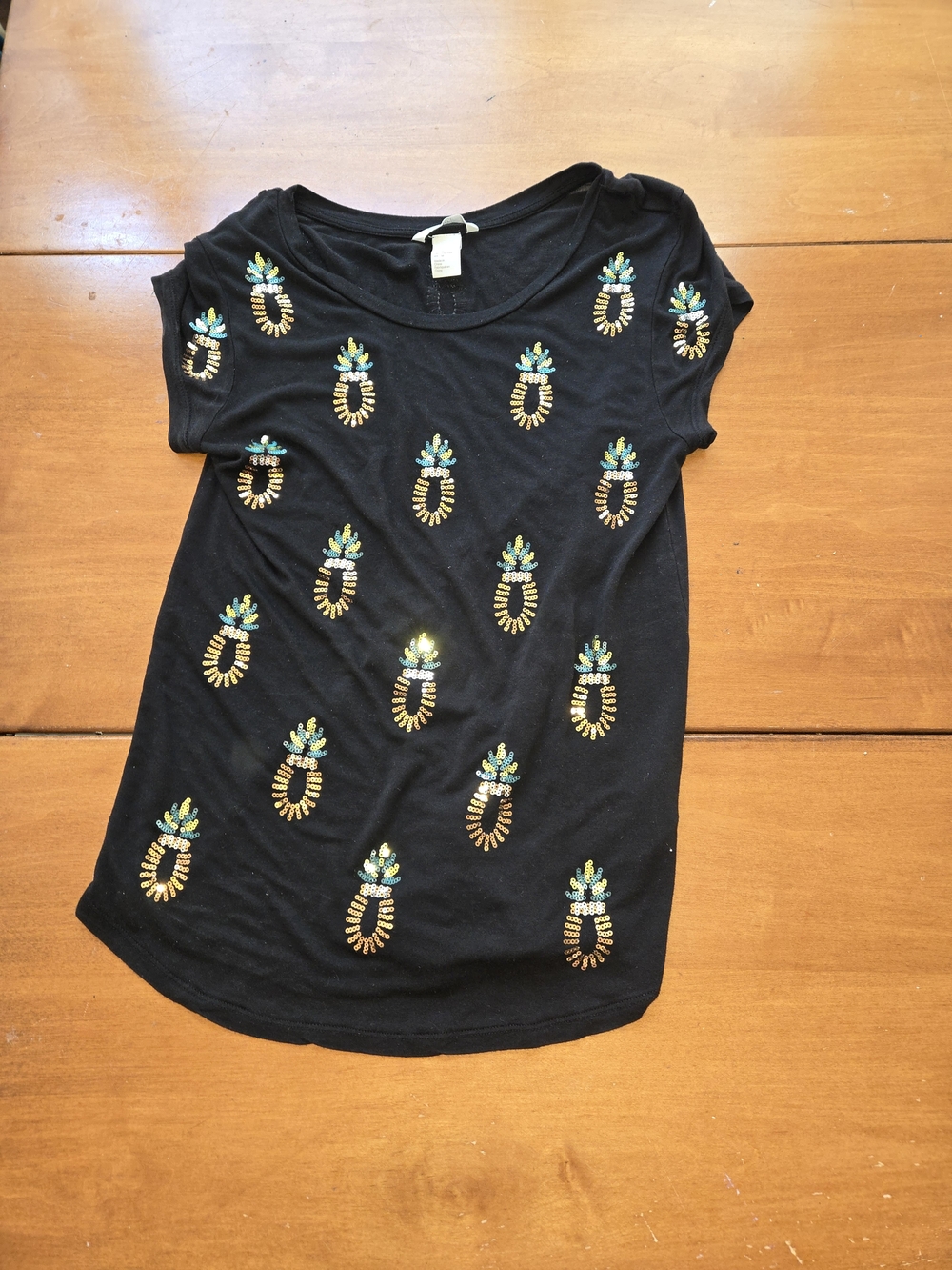 H&M Black Short-Sleeve Tee with Gold and Teal Pineapple Sequins